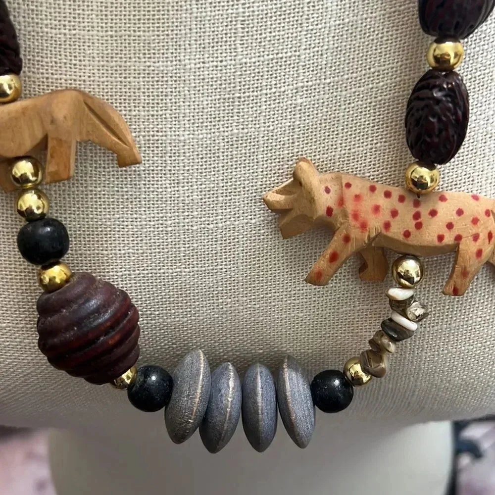 Vintage purple & Beige Beaded & Tribal Animal Statement Necklace
